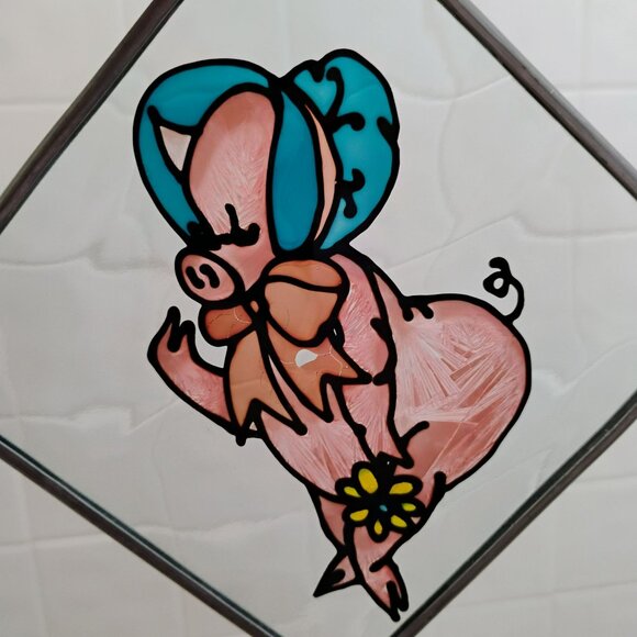 Stained Glass Pig Sun Catcher, Piglet in Blue Bonnet & Orange Bow 5" Suncatcher - Picture 3 of 6